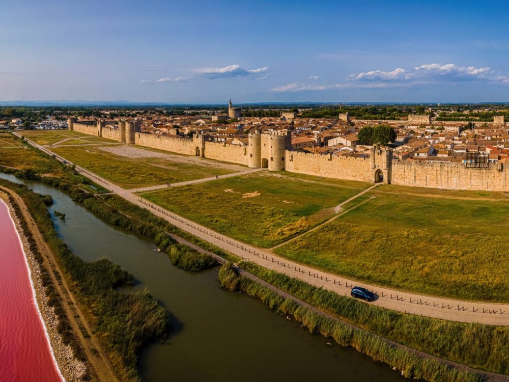The medieval city of Aigues-Mortes, a commune in the Gard department in the Occitanie region of southern France